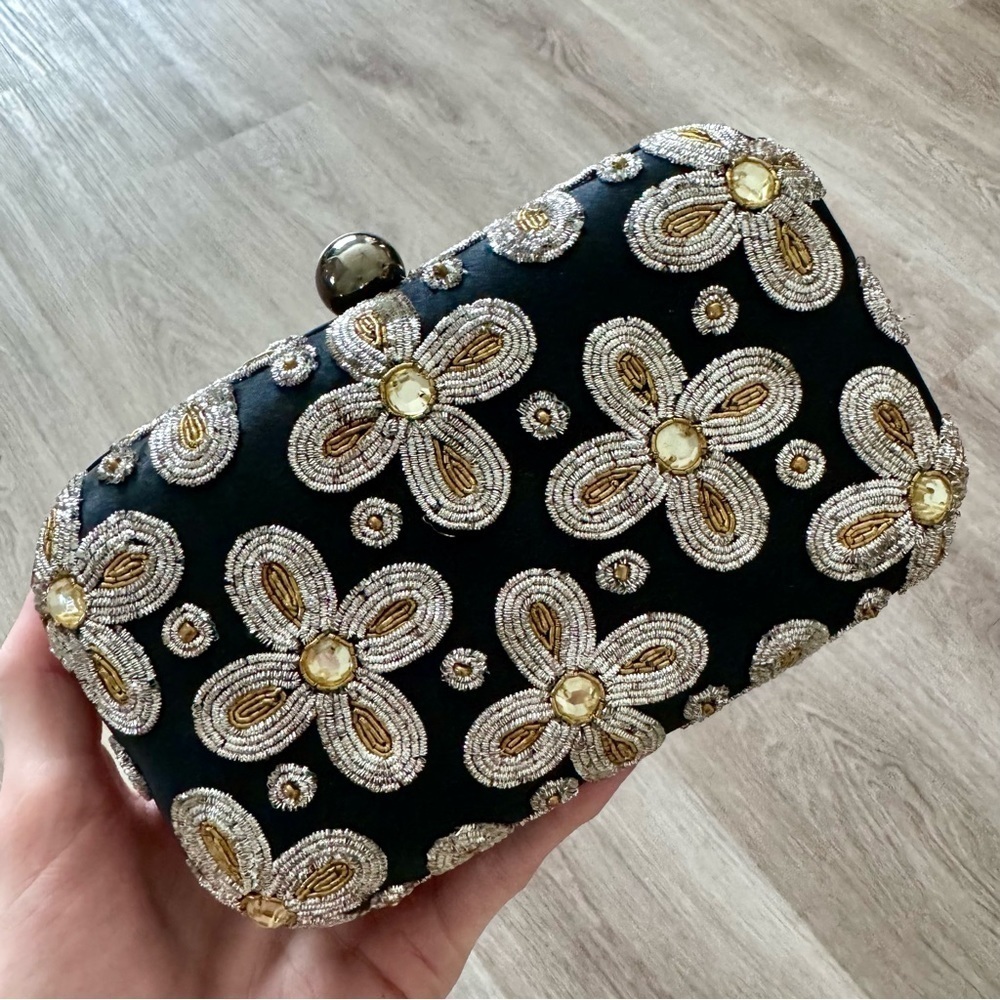 Santi India Evening Bag Clutch Crossbody Black Beaded Silver Gold Event Elegant